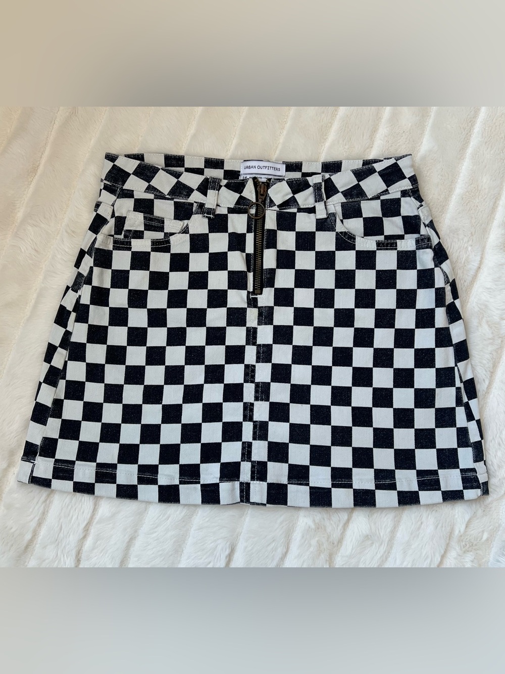 Urban Outfitters Siz Small Black White Checkered Zip Jean Skirt Denim Emo Skater